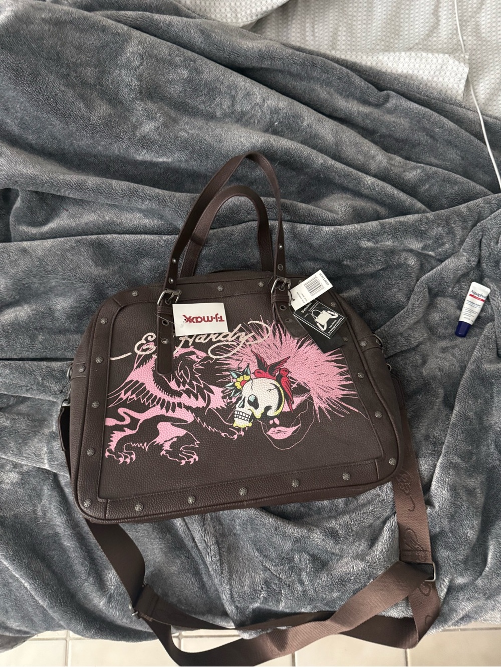 Ed Hardy Brown Satchel with Pink Skull and Feather Graphic